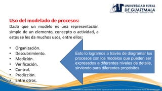 Uso del modelado de procesos:
Dado que un modelo es una representación
simple de un elemento, concepto o actividad, a
estos se les da muchos usos, entre ellos:
• Organización.
• Descubrimiento.
• Medición.
• Verificación.
• Control.
• Predicción.
• Entre otros.
Esto lo logramos a través de diagramar los
procesos con los modelos que pueden ser
expresados a diferentes niveles de detalle,
sirviendo para diferentes propósitos.
 