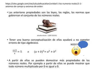 • Las anteriores propiedades son las leyes, las reglas, las normas que
gobiernan el conjunto de los números reales.
• Tener una buena conceptualización de ellas ayudará a no cometer
errores de tipo algebraico.
𝑥+5
𝑥
= 5 𝑜 (𝑎 + 𝑏)2
= 𝑎2
+ 𝑏2
• A partir de ellas se pueden demostrar más propiedades de los
números reales. Por ejemplo a partir de ellas se puede mostrar que
todo número multiplicado por 0 es igual a 0.
NOO!!!
https://sites.google.com/site/calculofesacatlan/unidad-1-los-numeros-reales/1-1-
axiomas-de-campo-y-axiomas-de-orden
 