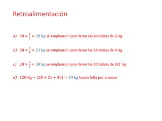 Retroalimentación
a) 40 ×
1
2
= 20 kg se emplearon para llenar las 40 bolsas de ½ kg
b) 28 ×
3
4
= 21 kg se emplearon para llenar las 28 bolsas de ¾ kg
c) 20 ×
3
2
= 30 kg se emplearon para llenar las 20 bolsas de 3/2 kg
d) 120 Kg − 20 + 21 + 30 = 49 kg hacen falta por envasar
 