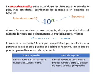 La notación científica se usa cuando se requiere expresar grandes o
pequeñas cantidades, escribiendo las cantidades en potencia de
base 10.
sí un número se eleva a una potencia, dicha potencia indica el
número de veces que dicho número se multiplica por sí mismo:
𝑎𝑛 = 𝑎 ∙ 𝑎 ∙ 𝑎 ∙ … ∙ 𝑎 𝑛 veces
El caso de la potencia 10, siempre será el 10 el que se eleva a una
potencia, el exponente puede ser positivo o negativo, con lo que se
pueden generalizar el uso de la potencia.
10𝑛
Potencia en base 10
Exponente
Potencia positiva Potencia negativa
Indica el número de veces que se
multiplica el 10 por sí mismo.
Indica el número de veces que se
divide el número 1 entre 10 elevado
a la misma potencia pero positiva.
 