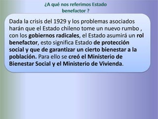 Dada la crisis del 1929 y los problemas asociados
harán que el Estado chileno tome un nuevo rumbo ,
con los gobiernos radicales, el Estado asumirá un rol
benefactor, esto significa Estado de protección
social y que de garantizar un cierto bienestar a la
población. Para ello se creó el Ministerio de
Bienestar Social y el Ministerio de Vivienda.
 