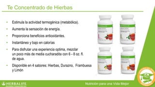 • Estimula la actividad termogénica (metabólica).
• Aumenta la sensación de energía.
• Proporciona beneficios antioxidantes.
• Instantáneo y bajo en calorías
• Para disfrutar una experiencia optima, mezclar
un poco más de media cucharadita con 6 - 8 oz. fl.
de agua.
• Disponible en 4 sabores: Hierbas, Durazno, Frambuesa
y Limón
Te Concentrado de Hierbas
 