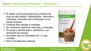  El batido nutricional proporciona proteína de
soya de alta calidad, carbohidratos, vitaminas y
minerales; nutrientes que contribuyen a una
buena nutrición.
 Contiene fibra soluble e insoluble.
 Es una buena fuente de vitaminas y minerales.
 Te ayuda a sentirte pleno, satisfecho y con
sensación de energía.
 Se puede usar en reemplazo de 1 o mas
comidas.
 Esta en 8 deliciosos sabores.
Batido Nutricional Proteico – Formula 1
 