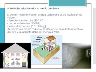  Variables relacionadas al medio ambiente.
El confort higrotérmico en estado sedentario es de los siguientes
valores:
- Temperatura del aire (22-25°C)
- Humedad relativa (30-60%)
- Velocidad del aire (0,5 mts/seg)
-Temperatura media radiante (la diferencia entre la temperatura
del aire y la radiante debe ser menos a 6°C).
 