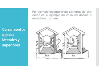 Cerramientos
opacos
laterales y
superiores
Por ejemplo incorporando cámaras de aire
como es el ejemplo de los muros dobles, o
materiales con aire.
 