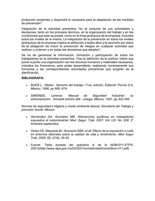 protección existentes y dispondrá lo necesario para la adaptación de las medidas
de prevención".
Integración de la actividad preventiva "en el conjunto de sus actividades y
decisiones, tanto en los procesos técnicos, en la organización del trabajo y en las
condiciones que este se preste, como en la línea jerárquica de la empresa, incluidos
todos los niveles de la misma. La integración de la prevención en todos los niveles
jerárquicos de la empresa implica la atribución a todos ellos y la asunción por éstos
de la obligación de incluir la prevención de riesgos en cualquier actividad que
realicen u ordenen y en todas las decisiones que adopten".
Se ha de garantizar la información, formación y participación de todos los
trabajadores en la actividad preventiva. Tras la definición de la política, habrá que
poner a punto una organización con los recursos humanos y materiales necesarios,
incluidos los financieros, para poder desarrollarla, realizando correctamente sus
funciones y las correspondientes actividades preventivas que surgirán de la
planificación.
BIBLIOGRAFIA
 BUEN L., Néstor. Derecho del trabajo; 11va. edición, Editorial: Porrúa S.A.
México, 1996, pp 669 -674.
 SIMONDS, Larense. Manual de Seguridad Industrial: su
administración; Grimaldi edición alfa - omega. México, 1991, pp 302-306.
Normas de seguridad e Higiene y medio ambienté laboral; Secretaria del Trabajo y
previsión Social. México.
 Hernández DA, González MB. Alteraciones auditivas en trabajadores
expuestos al ruidoindustrial. Med. Segur. Trab. 2007. Vol. LIII. No. 208. 3°
trimestre-septiembre.
 Ordaz CE, Maqueda BJ, Asúnsolo DBA, et all. Efecto de la exposición a ruido
en entornos laborales sobre la calidad de vida y rendimiento. Med Segur
Trab, 2009. 55, (216); 35-45.
 Fuente: Tabla tomada del apéndice A de la NOM-011-STPS-
20014(http://www.stps.gob.mx/DGSST/normatividad/noms/Nom-011.pdf).
 