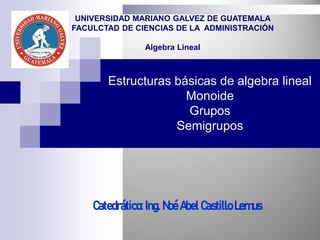 Estructuras básicas de algebra lineal
Monoide
Grupos
Semigrupos
Catedrático: Ing. Noé Abel Castillo Lemus
UNIVERSIDAD MARIANO GALVEZ DE GUATEMALA
FACULCTAD DE CIENCIAS DE LA ADMINISTRACIÓN
Algebra Lineal
 
