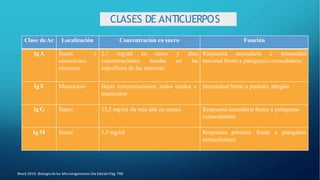 CLASES DE ANTICUERPOS
Clase deAc Localización Concentración en suero Función
IgA Suero y
secreciones
mucosas
2,1 mg/ml en suero y altas
concentraciones locales en las
superficies de las mucosas
Respuesta secundaria e inmunidad
mucosal frente a patógenosextracelulares
Ig E Mastocitos Bajas concentraciones; todos unidos a
mastocitos
Inmunidad frente a parásito, alergias
Ig G Suero 13,5 mg/ml (la más alta en suero) Respuesta secundaria frente a patógenos
extracelulares
Ig M Suero 1,5 mg/ml Respuesta primaria frente a patógenos
extracelulares
Brock 2015. Biología de los Microorganismos14a Edición Pág.798
 