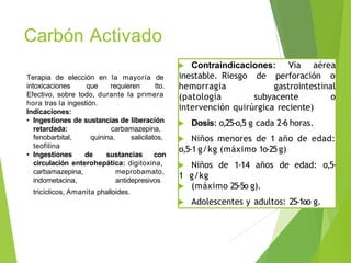 Carbón Activado
 Contraindicaciones: Vía aérea
inestable. Riesgo de perforación o
hemorragia gastrointestinal
(patología subyacente o
intervención quirúrgica reciente)
 Dosis: o,25-o,5 g cada 2-6 horas.
 Niños menores de 1 año de edad:
o,5-1 g/kg (máximo 1o-25g)
 Niños de 1-14 años de edad: o,5-
1 g/kg
 (máximo 25-5o g).
 Adolescentes y adultos: 25-1oo g.
Terapia de elección en la mayoría de
intoxicaciones que requieren tto.
Efectivo, sobre todo, durante la primera
hora tras la ingestión.
Indicaciones:
• Ingestiones de sustancias de liberación
carbamazepina,
quinina, salicilatos,
retardada:
fenobarbital,
teofilina
• Ingestiones de sustancias con
circulación enterohepática: digitoxina,
carbamazepina,
indometacina,
meprobamato,
antidepresivos
tricíclicos, Amanita phalloides.
 