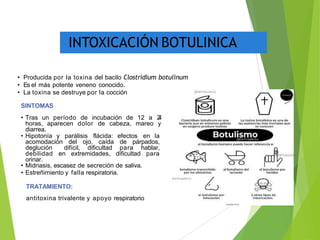 INTOXICACIÓN BOTULINICA
• Producida por la toxina del bacilo Clostridium botulinum
• Es el más potente veneno conocido.
• La toxina se destruye por la cocción
SINTOMAS
• Tras un período de incubación de 12 a 2
4
horas, aparecen dolor de cabeza, mareo y
diarrea.
• Hipotonía y parálisis flácida: efectos en la
acomodación del ojo, caída de párpados,
deglución difícil, dificultad para hablar,
debilidad en extremidades, dificultad para
orinar.
• Midriasis, escasez de secreción de saliva.
• Estreñimiento y falla respiratoria.
TRATAMIENTO:
antitoxina trivalente y apoyo respiratorio
 