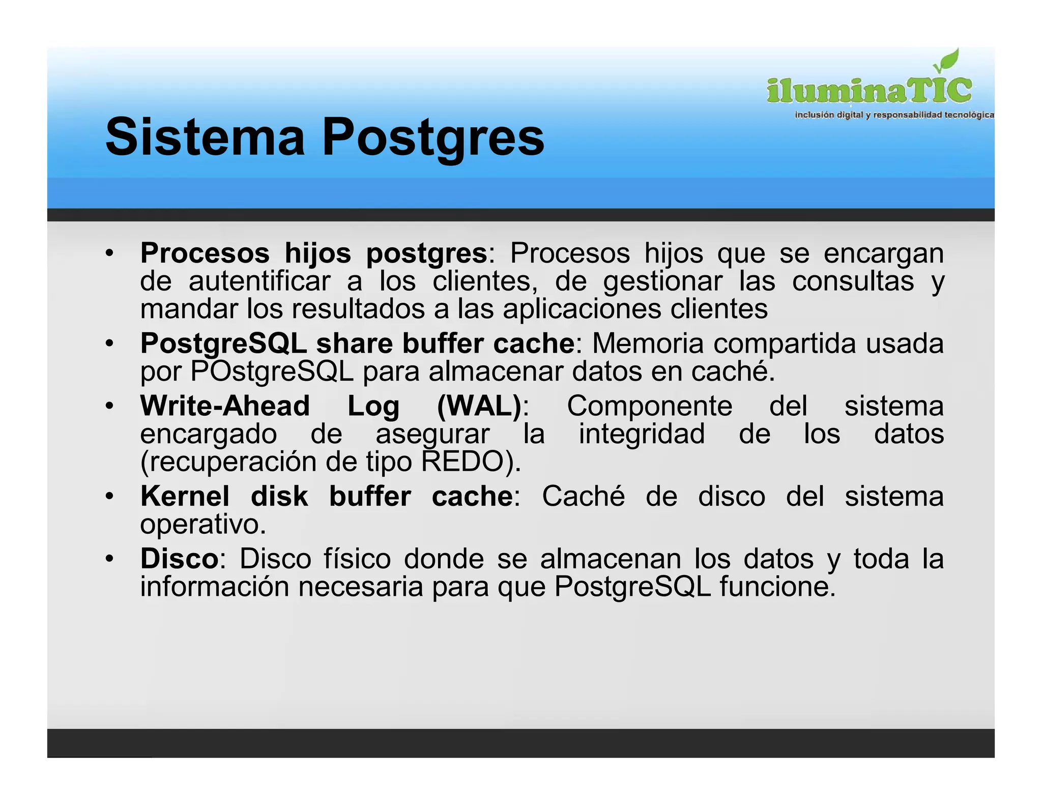 Sistema Postgres

• Procesos hijos postgres: Procesos hijos que se encargan
  de autentificar a los clientes, de gestionar las consultas y
  mandar los resultados a las aplicaciones clientes
• PostgreSQL share buffer cache: Memoria compartida usada
  por POstgreSQL para almacenar datos en caché.
• Write-Ahead Log (WAL): Componente del sistema
  encargado de asegurar la integridad de los datos
  (recuperación de tipo REDO).
• Kernel disk buffer cache: Caché de disco del sistema
  operativo.
• Disco: Disco físico donde se almacenan los datos y toda la
  información necesaria para que PostgreSQL funcione.
 