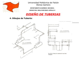 4. Dibujos de Tubería:
Universidad Politécnica de Falcón
Alonso Gamero
DEPARTAMENTO ACADÉMICO: MECÁNICA.
ASIGNATURA: DIBUJO MECÁNICO. MÓDULO II
DISEÑO DE TUBERIAS
 