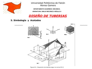 Universidad Politécnica de Falcón
Alonso Gamero
DEPARTAMENTO ACADÉMICO: MECÁNICA.
ASIGNATURA: DIBUJO MECÁNICO. MÓDULO II
DISEÑO DE TUBERIAS
5. Simbología y Acotados
 