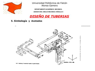 Universidad Politécnica de Falcón
Alonso Gamero
DEPARTAMENTO ACADÉMICO: MECÁNICA.
ASIGNATURA: DIBUJO MECÁNICO. MÓDULO II
DISEÑO DE TUBERIAS
5. Simbología y Acotados
 