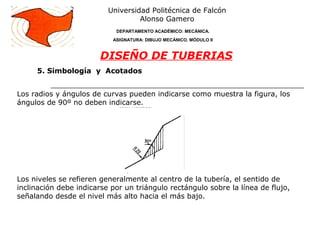 Universidad Politécnica de Falcón
Alonso Gamero
DEPARTAMENTO ACADÉMICO: MECÁNICA.
ASIGNATURA: DIBUJO MECÁNICO. MÓDULO II
DISEÑO DE TUBERIAS
Los radios y ángulos de curvas pueden indicarse como muestra la figura, los
ángulos de 90º no deben indicarse.
Los niveles se refieren generalmente al centro de la tubería, el sentido de
inclinación debe indicarse por un triángulo rectángulo sobre la línea de flujo,
señalando desde el nivel más alto hacia el más bajo.
5. Simbología y Acotados
 