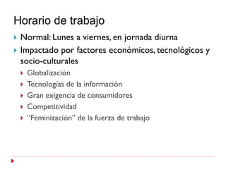 Horario de trabajo
   Normal: Lunes a viernes, en jornada diurna
   Impactado por factores económicos, tecnológicos y
    socio-culturales
       Globalización
       Tecnologías de la información
       Gran exigencia de consumidores
       Competitividad
       “Feminización” de la fuerza de trabajo
 