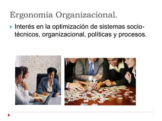 Ergonomía Organizacional.
   Interés en la optimización de sistemas socio-
    técnicos, organizacional, políticas y procesos.
 