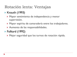 Rotación lenta: Ventajas
   Knauth (1993)
       Mayor sentimiento de independencia y menor
        supervisión.
       Mayor espíritu de camaradería entre los trabajadores.
       Aumento de las responsabilidades.
   Folkard (1992)
       Mejor seguridad que los turnos de rotación rápida.
 