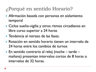 ¿Porqué en sentido Horario?
   Afirmación basada con personas en aislamiento
    temporal
   Ciclos sueño-vigilia y otros ritmos circadianos en
    libre curso superior a 24 horas
   Tendencia al retraso de las fases.
   Rotación en sentido horario tienen un intervalo de
    24 horas entre los cambios de turnos
   En sentido contrario al reloj (noche – tarde –
    mañana) presentan intervalos cortos de 8 horas o
    intervalos de 32 horas.
 