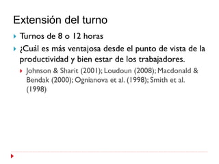 Extensión del turno
   Turnos de 8 o 12 horas
   ¿Cuál es más ventajosa desde el punto de vista de la
    productividad y bien estar de los trabajadores.
       Johnson & Sharit (2001); Loudoun (2008); Macdonald &
        Bendak (2000); Ognianova et al. (1998); Smith et al.
        (1998)
 