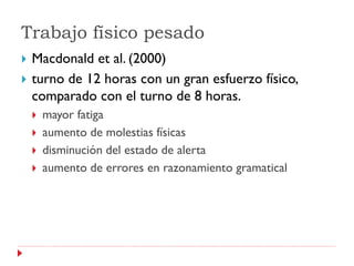 Trabajo físico pesado
   Macdonald et al. (2000)
   turno de 12 horas con un gran esfuerzo físico,
    comparado con el turno de 8 horas.
       mayor fatiga
       aumento de molestias físicas
       disminución del estado de alerta
       aumento de errores en razonamiento gramatical
 