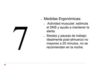 ●   Medidas Ergonómicas:
    ●    Actividad muscular: estimula
        el SNS y ayuda a mantener la
        alerta.
    ●   Siestas y pausas de trabajo:
        idealmente post-almuerzo no
        mayores a 20 minutos, no se
        recomiendan en la noche.
 