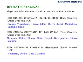 Estructura cristalina

REDES CRISTALINAS
Mayormente los metales cristalizan en tres redes cristalinas:

RED CUBICA CENTRADA EN EL CUERPO (Body Centered
 Cubic Unit cell) BCC
 Cromo, Tungsteno, Hierro (alfa), Hierro (beta), Molibdeno,
 Vanadio, Sodio

RED CUBICA CENTRADA EN LAS CARAS (Fase Centered
 Cubic Unit cell) FCC
Aluminio, Cobre, Plomo, Plata, Niquel, Oro, platino, Hierro
 (gamma)

RED HEXAGONAL COMPACTA (Hexagonal Closed Packed)
 HCP
 Magnesio, Berilio , Zinc y Cadmio
 
