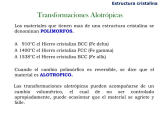 Estructura cristalina


          Transformaciones Alotrópicas
Los materiales que tienen mas de una estructura cristalina se
denominan POLIMORFOS.

A 910°C el Hierro cristaliza BCC (Fe delta)
A 1400°C el Hierro cristaliza FCC (Fe gamma)
A 1538°C el Hierro cristaliza BCC (Fe alfa)

Cuando el cambio polimórfico es reversible, se dice que el
material es ALOTROPICO.

Las transformaciones alotrópicas pueden acompañarse de un
cambio volumétrico, el cual de no ser controlado
apropiadamente, puede ocasionar que el material se agriete y
falle.
 