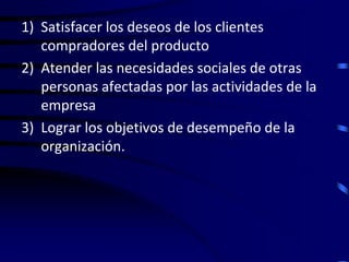 1) Satisfacer los deseos de los clientes
   compradores del producto
2) Atender las necesidades sociales de otras
   personas afectadas por las actividades de la
   empresa
3) Lograr los objetivos de desempeño de la
   organización.
 