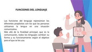 FUNCIONES DEL LENGUAJE
Las funciones del lenguaje representan los
diferentes propósitos con los que las personas
utilizamos la lengua en una situación
comunicativa.
Más allá de la finalidad principal, que es la
comunicación, todos los lenguajes cambian su
forma y su funcionamiento según el objetivo
para el que se los usa.
 