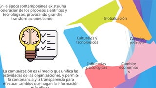 Globalización
Cambios
politicos
Cambios
economico
s
Influencias
psicologicas
Culturales y
Tecnologicos
En la época contemporánea existe una
aceleración de los procesos científicos y
tecnológicos, provocando grandes
transformaciones como:
La comunicación es el medio que unifica las
actividades de las organizaciones, y permite
la consonancia y la transparencia para
efectuar cambios que hagan la información
 