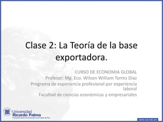Clase 2: La Teoría de la base
exportadora.
CURSO DE ECONOMIA GLOBAL
Profesor: Mg. Eco. Wilson William Torres Díaz
Programa de experiencia profesional por experiencia
laboral
Facultad de ciencias económicas y empresariales
 