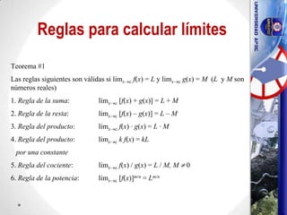 Reglas para calcular límites
Teorema #1
Las reglas siguientes son válidas si limx c f(x) = L y limx c g(x) = M (L y M son
números reales)
1. Regla de la suma: limx c [f(x) + g(x)] = L + M
2. Regla de la resta: limx c [f(x) – g(x)] = L – M
3. Regla del producto: limx c f(x) ∙ g(x) = L ∙ M
4. Regla del producto: limx c k f(x) = kL
por una constante
5. Regla del cociente: limx c f(x) / g(x) = L / M, M 0
6. Regla de la potencia: limx c [f(x)]m/n = Lm/n
35
 