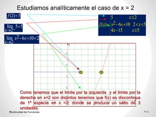 Continuidad de Funciones
Estudiamos analíticamente el caso de x = 2
lim
x 2
5 5 f(x)
5 x 2
x2 6x 10 2 x 5
4x 15 x 5
lim
x 2
x2 6x 10 2
f (2) 5
Como tenemos que el limite por la izquierda y el limite por la
derecha en x=2 son distintos tenemos que f(x) es discontinua
de 1ª especie en x =2, donde se produce un salto de 3
unidades.
56
 