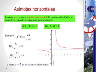 Asíntotas horizontales
Lxf
x
)(lim Lxf
x
)(lim
La recta x = L es una asíntota horizontal de una función f(x) si se
cumple alguna de las siguientes condiciones:
Ejemplo:
1
2
)(
x
x
xf
2
1
2
lim
x
x
x
2
1
2
lim
x
x
x
La recta y = 2 es una asíntota horizontal
67
 