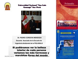 Universidad Nacional “San Luis
Gonzaga” Ica- Perú
Dr. PEDRO CORDOVA MENDOZA
Docente Asociado de la Escuela de
Ingeniería Ambiental de la FIQ-UNSLG
16/04/2013 Dr. Pedro Cordova Mendoza 2
Si pudiéramos ver la belleza
interior de cada persona
veríamos las más hermosas y
marchitas flores del mundo
 