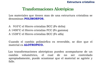 Transformaciones Alotrópicas
Los materiales que tienen mas de una estructura cristalina se
denominan POLIMORFOS.
A 910°C el Hierro cristaliza BCC (Fe delta)
A 1400°C el Hierro cristaliza FCC (Fe gamma)
A 1538°C el Hierro cristaliza BCC (Fe alfa)
Cuando el cambio polimórfico es reversible, se dice que el
material es ALOTROPICO.
Las transformaciones alotrópicas pueden acompañarse de un
cambio volumétrico, el cual de no ser controlado
apropiadamente, puede ocasionar que el material se agriete y
falle.
Estructura cristalina
 
