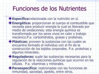 Funciones de los Nutrientes <ul><li>Específica: relacionada con la nutrición en sí. </li></ul><ul><li>Energética:  proporc...