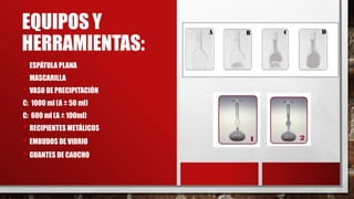 EQUIPOS Y
HERRAMIENTAS:
• ESPÁTULA PLANA
• MASCARILLA
• VASO DE PRECIPITACIÓN
C: 1000 ml (A ± 50 ml)
C: 600 ml (A ± 100ml)
• RECIPIENTES METÁLICOS
• EMBUDOS DE VIDRIO
• GUANTES DE CAUCHO
 
