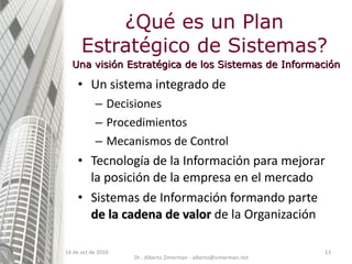 Un sistema integrado de Decisiones Procedimientos Mecanismos de Control Tecnología de la Información para mejorar la posición de la empresa en el mercado Sistemas de Información formando parte  de la cadena de valor  de la Organización ¿Qué es un Plan Estratégico de Sistemas? 14 de oct de 2010 Una   visión Estratégica de los Sistemas de Información Dr.. Alberto Zimerman - alberto@zimerman.net 