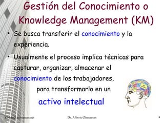 Gestión del Conocimiento o Knowledge Management (KM) Se busca transferir el  conocimiento  y la experiencia. Usualmente el proceso implica técnicas para capturar, organizar, almacenar el  conocimiento  de los trabajadores,  para transformarlo en un  activo intelectual [email_address] Dr. Alberto Zimerman 