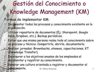 Gestión del Conocimiento o Knowledge Management (KM) Formas de implementar KM: Documentar todos los procesos y conocimiento existente en la organización. Utilizar repositorio de documentos (Ej: Sharepoint, Google Docs, Dropbox, etc.). Backup periódicos. Evitar que una misma persona reúna todo el conocimiento sobre un proceso y técnica: Compartirlo, abrirlo, documentarlo. Realizar jornadas: Brownbacks, ateneos, capacitaciones, KT (Knowledge Transfer). Incorporar a los objetivos anuales de los empleados el documentar y registrar su conocimiento.  Generar una cultura orientada a registrar y documentar el conocimiento. [email_address] Dr. Alberto Zimerman 