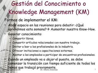 Gestión del Conocimiento o Knowledge Management (KM) Formas de implementar el KM: Abrir espacio en las reuniones para debatir: ¿Qué aprendimos esta semana?   Aumentar nuestro Know-How. Generar conocimiento: Compartir libros. Compartir artículos relacionados con nuestro trabajo. Invitar a leer a los profesionales de la industria. Ofrecer invitaciones a capacitaciones externas. Alentar a los empleados a participar de encuentros profesionales. Cuando un empleado va a  dejar  el puesto, se debe comenzar la transición con tiempo suficiente de todos los temas que trabajó previamente.  [email_address] Dr. Alberto Zimerman 