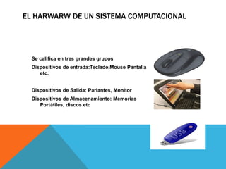 EL HARWARW DE UN SISTEMA COMPUTACIONAL




  Se califica en tres grandes grupos
  Dispositivos de entrada:Teclado,Mouse Pantalla
     etc.


  Dispositivos de Salida: Parlantes, Monitor
  Dispositivos de Almacenamiento: Memorias
     Portátiles, discos etc
 