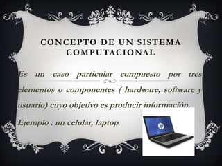 C O N C E P TO D E U N S I S T E M A
             C O M P U TA C I O NA L

Es un caso particular compuesto por tres
elementos o componentes ( hardware, software y
usuario) cuyo objetivo es producir información.
Ejemplo : un celular, laptop.
 