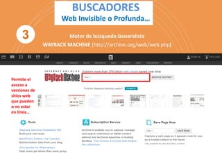 BUSCADORES
Web Invisible o Profunda…
Motor de búsqueda Generalista
WAYBACK MACHINE (http://archive.org/web/web.php)
Permite el
acceso a
versiones de
sitios web
que pueden
o no estar
en línea…
3
 