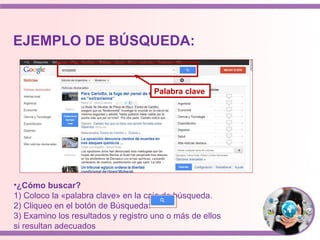 EJEMPLO DE BÚSQUEDA:
Palabra clave
•¿Cómo buscar?
1) Coloco la «palabra clave» en la caja de búsqueda.
2) Cliqueo en el botón de Búsqueda:
3) Examino los resultados y registro uno o más de ellos
si resultan adecuados
 