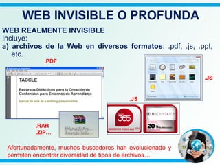 WEB REALMENTE INVISIBLE
Incluye:
a) archivos de la Web en diversos formatos: .pdf, .js, .ppt,
etc.
Afortunadamente, muchos buscadores han evolucionado y
permiten encontrar diversidad de tipos de archivos…
.PDF
.JS
.JS
.RAR
.ZIP…
WEB INVISIBLE O PROFUNDA
 