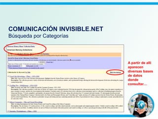 A partir de allí
aparecen
diversas bases
de datos
donde
consultar…
COMUNICACIÓN INVISIBLE.NET
Búsqueda por Categorías
 