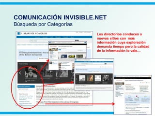 Los directorios conducen a
nuevos sitios con más
información cuya exploración
demanda tiempo pero la calidad
de la información lo vale…
COMUNICACIÓN INVISIBLE.NET
Búsqueda por Categorías
 